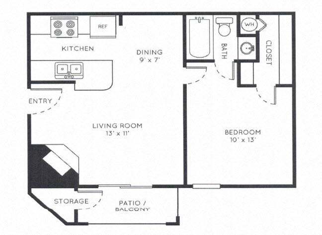 Floor plan for 1 bed, 1 bath, 597 sqft
